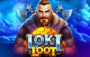 A bearded Viking character with facial tattoos holds a large pile of gold coins, with two crossed axes behind him under a stormy sky.